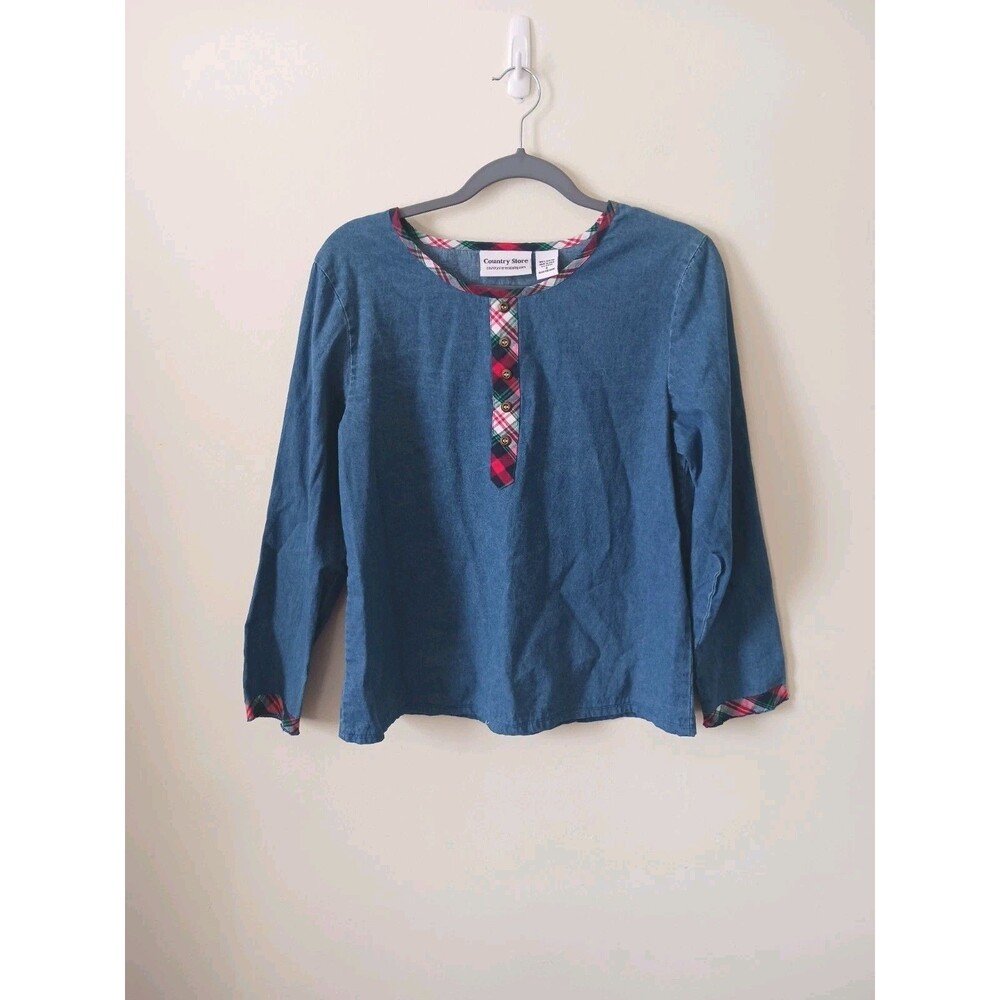 Womens Denim Pullover Blue Chambray Plaid Top Size S Long Sleeve Casual